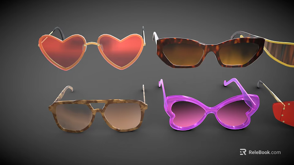 Various Stylish Sunglasses Featuring Heart Butterfly Square Shapes And Colorful Lenses 3d model 