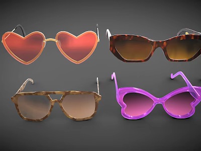 Various Stylish Sunglasses Featuring Heart Butterfly Square Shapes And Colorful Lenses 3d model