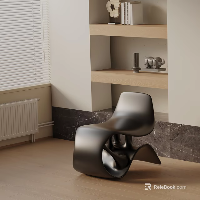 Sleek Black Accent Chair In Room With Marble Wall Wooden Shelves And Window Blinds 3d model 