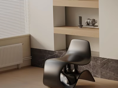 Sleek Black Accent Chair In Room With Marble Wall Wooden Shelves And Window Blinds 3d model