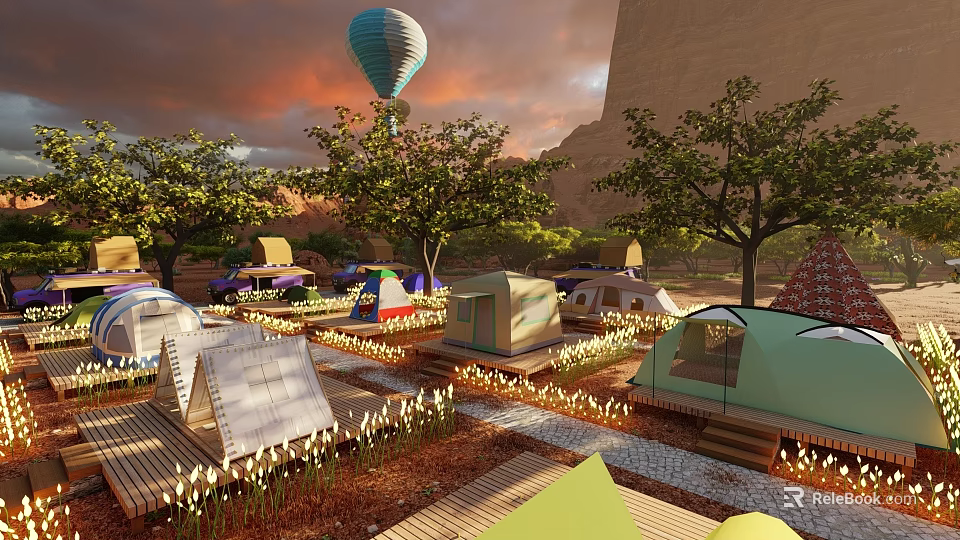 Scenic Campsite With Colorful Tents Trees String Lights And Hot Air Balloon At Sunset 3d model 