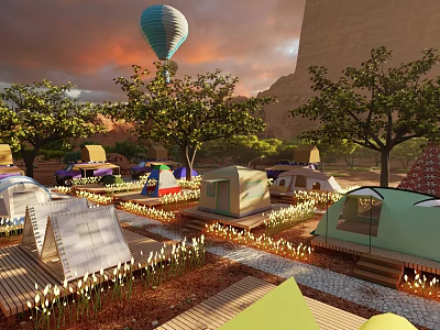Scenic Campsite With Colorful Tents Trees String Lights And Hot Air Balloon At Sunset 3d model