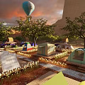 Scenic Campsite With Colorful Tents Trees String Lights And Hot Air Balloon At Sunset