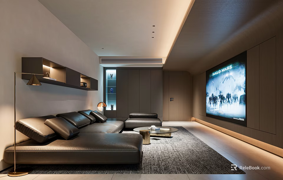 Modern Home Theater Interior Design With Black Leather Sofa Large Screen TV And Area Rug 3d model 