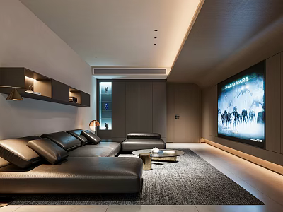 Modern Home Theater Interior Design With Black Leather Sofa Large Screen TV And Area Rug 3d model