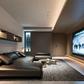 Modern Home Theater Interior Design With Black Leather Sofa Large Screen TV And Area Rug