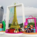 Colorful Gift Boxes And Cartoon Figures Around Golden Eiffel Tower Model In Urban