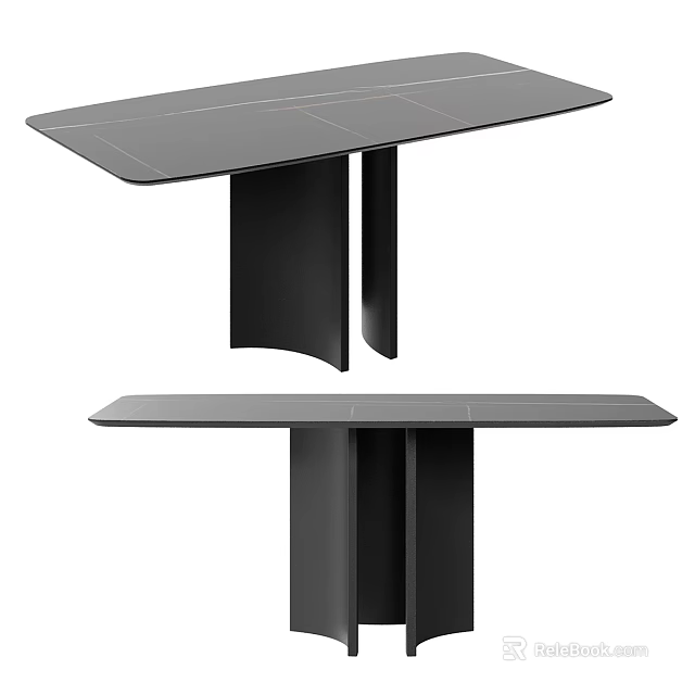 Modern Black Dining Table Combination With Flat Top And Unique Geometric Base Design 3d model 