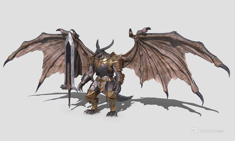 Game Fantasy Warrior Character With Winged Armored Golden Leather Armor And Giant Sword 3d model 