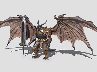 Game Fantasy Warrior Character With Winged Armored Golden Leather Armor And Giant Sword 3d model