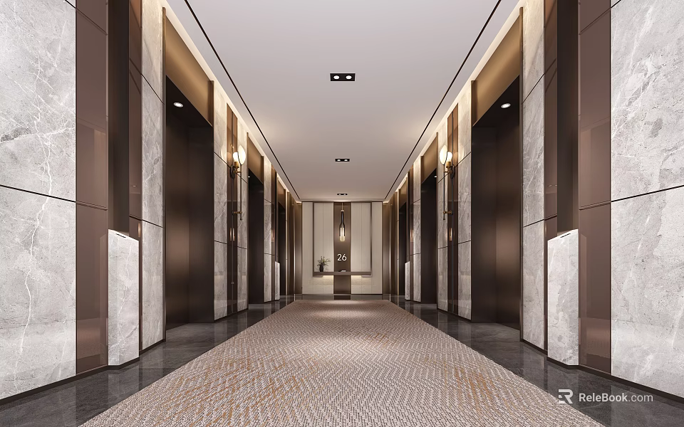 Elevator Corridor with Long Modern Design Marble Walls Ceiling Lights and Carpet 3d model 