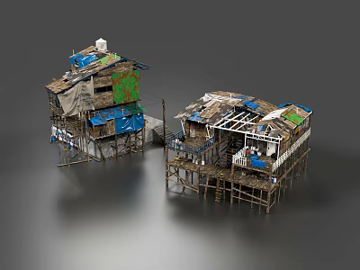Dilapidated Residential Stilt Houses With Wooden Planks Tin Sheets And Blue Green Tarps 3d model