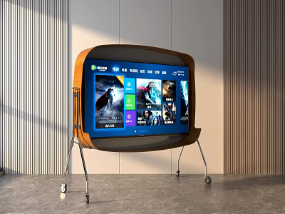 Vintage Wooden Frame TV on Wheeled Stand Displaying Streaming Content in Modern Room 3d model