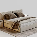 Beige Upholstered Double Bed With Brown Pillows Blanket And White Nightstands On Rug