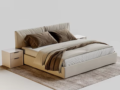 Beige Upholstered Double Bed With Brown Pillows Blanket And White Nightstands On Rug 3d model