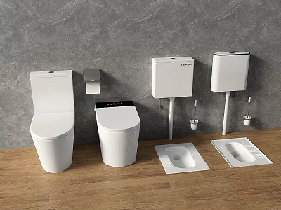 Modern Bathroom Toilets Including Close Coupled Squat Models and Tanks with Gray Wall Background 3d model