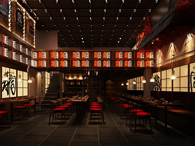 Traditional Japanese Restaurant Interior With Red Seats Wooden Tables And Hanging Lanterns 3d model