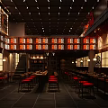 Traditional Japanese Restaurant Interior With Red Seats Wooden Tables And Hanging Lanterns