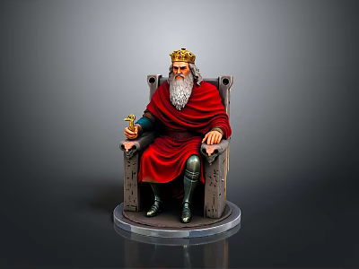 King Figurine Seated On Stone Throne With Golden Crown Red Robe And Goblet 3d model
