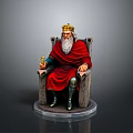 King Figurine Seated On Stone Throne With Golden Crown Red Robe And Goblet