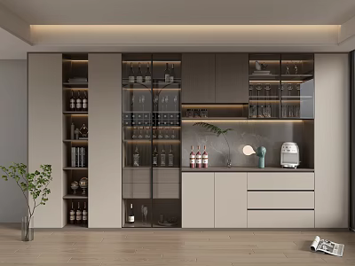 Elegant Modern Wine Cabinet With Glass Doors And Wine Bottles Display Design 3d model