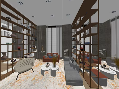 Modern Lounge Area Interior With Bookshelves Sofa Armchair And Decorative Rug 3d model