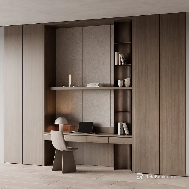 Modern Minimalist Desk Interior Design With Wooden Bookshelf Laptop Table Lamp And Chair 3d model 
