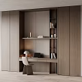 Modern Minimalist Desk Interior Design With Wooden Bookshelf Laptop Table Lamp And Chair