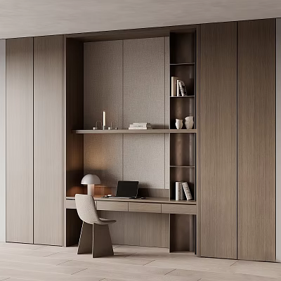 Modern Minimalist Desk Interior Design With Wooden Bookshelf Laptop Table Lamp And Chair 3d model