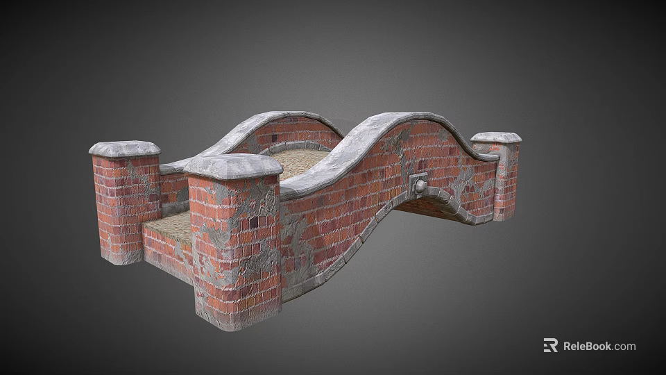 Vintage Red Brick Arch Bridge With Weathered Pillars And Arch Structure 3d model 