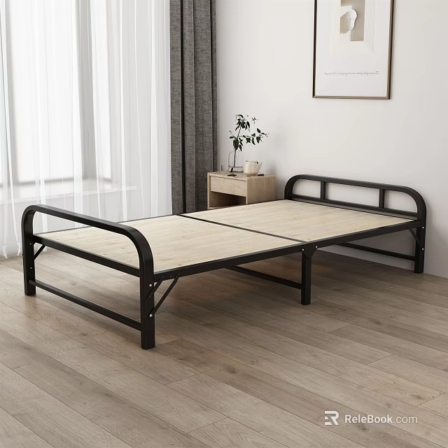 Stylish Double Bed With Black Metal Frame Light Wood Slats Nightstand Plant And Window Curtains 3d model 