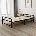Stylish Double Bed With Black Metal Frame Light Wood Slats Nightstand Plant And Window Curtains