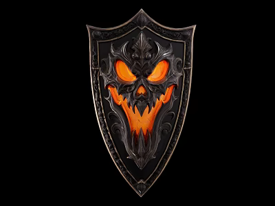 Ornate Demon Face Shield With Glowing Orange Eyes And Grinning Mouth Design 3d model