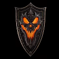 Ornate Demon Face Shield With Glowing Orange Eyes And Grinning Mouth Design