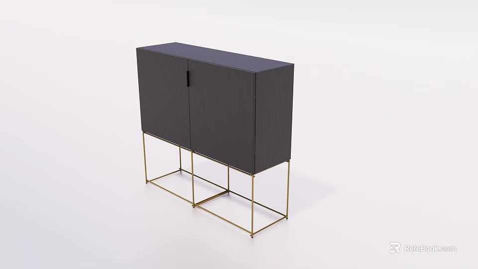 Modern Entryway Console Cabinet With Black Textured Doors And Golden Metal Legs 3d model 