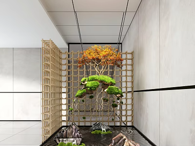 Indoor Landscape Interior Design With Wooden Lattice Orange Leaf Tree Green Bonsai And Water Features 3d model