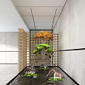 Indoor Landscape Interior Design With Wooden Lattice Orange Leaf Tree Green Bonsai And Water Features