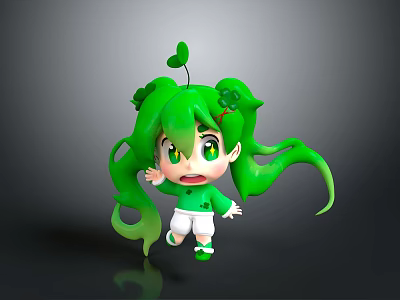 Cute 3D Cartoon Character With Green Hair And Clover Decor In White Outfit 3d model