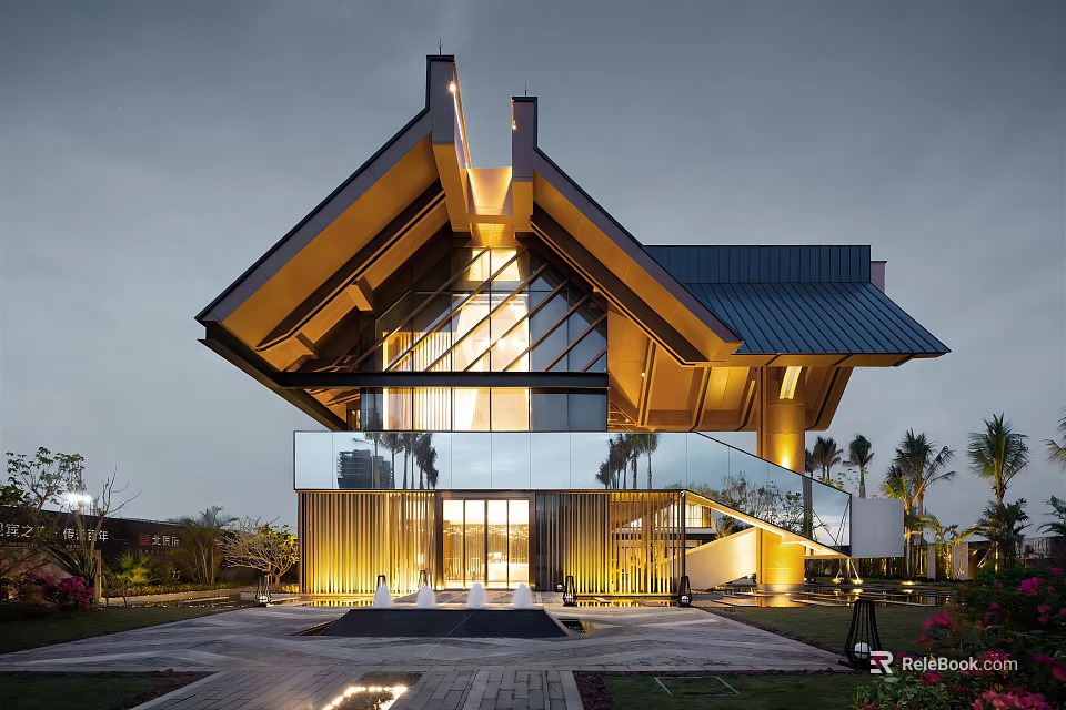 Modern Sales Office Building With Unique Sloped Roof Large Glass Windows And Illuminated Facade 3d model 