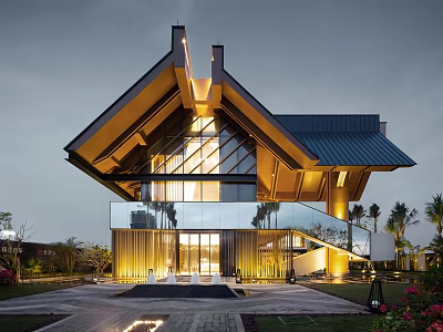 Modern Sales Office Building With Unique Sloped Roof Large Glass Windows And Illuminated Facade 3d model