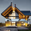 Modern Sales Office Building With Unique Sloped Roof Large Glass Windows And Illuminated Facade
