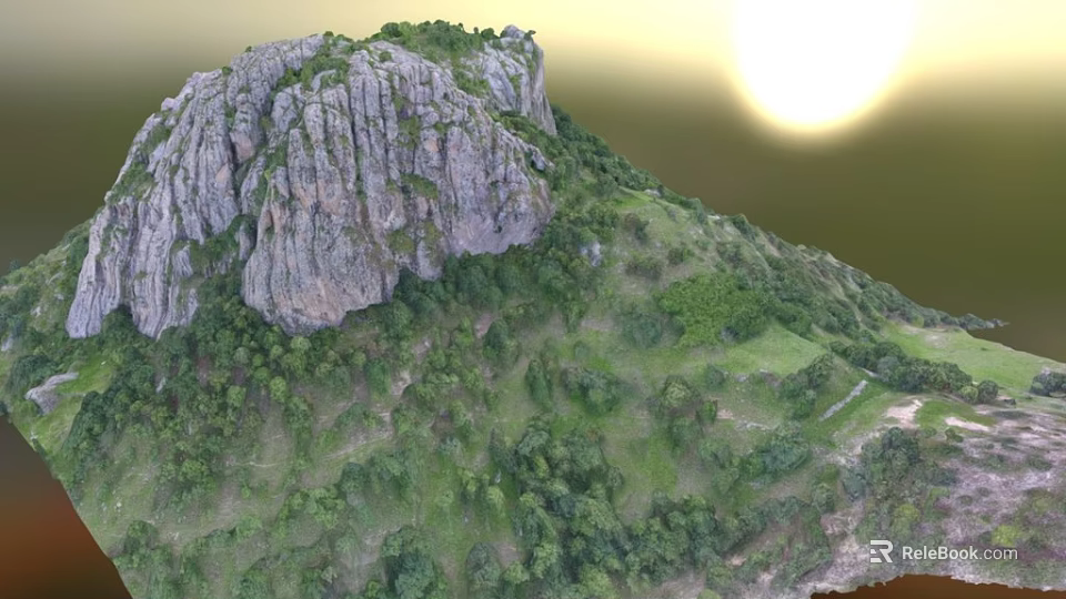 Garden Landscape With Rocky Mountain Lush Green Vegetation And Sunlight Scenery 3d model 