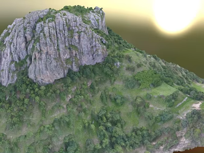 Garden Landscape With Rocky Mountain Lush Green Vegetation And Sunlight Scenery 3d model