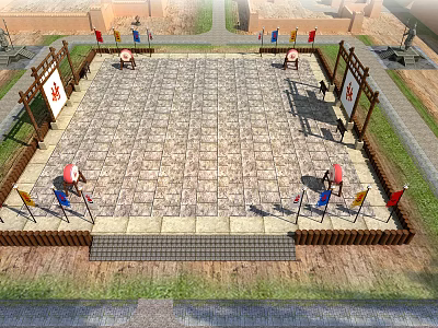 Ancient Weapons Display in Traditional Martial Arts Training Ground with Stone Floor and Flags 3d model