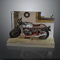 Vintage Silver Red Motorcycle with Brown Leather Seat on Wooden Display Stand and Shelf Mirror Decor
