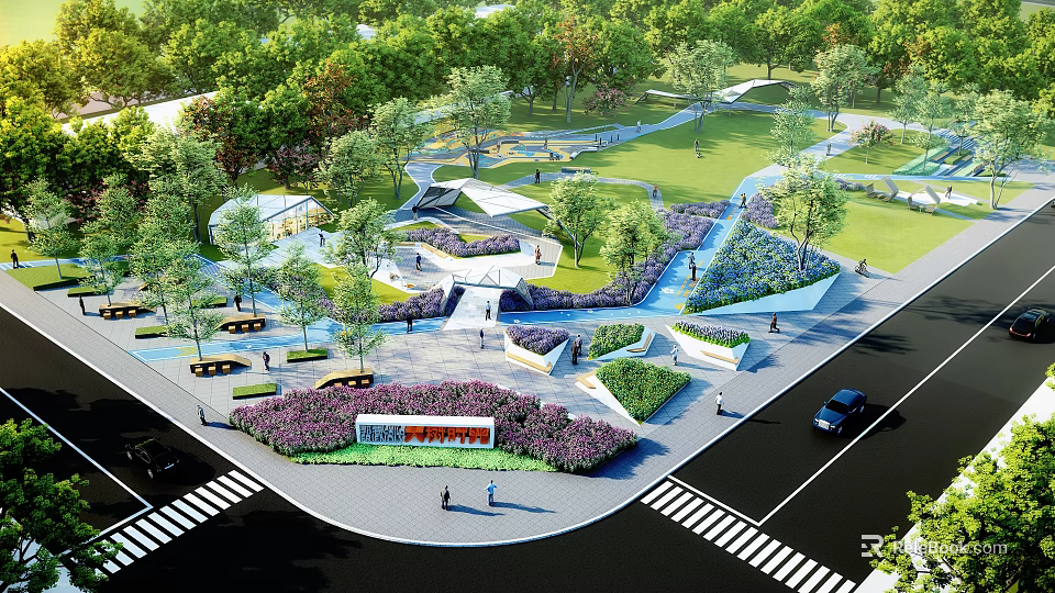 Modern Park Landscape With Lush Greenery Walking Paths Water Features And Leisure Areas 3d model 