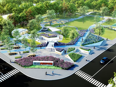 Modern Park Landscape With Lush Greenery Walking Paths Water Features And Leisure Areas 3d model
