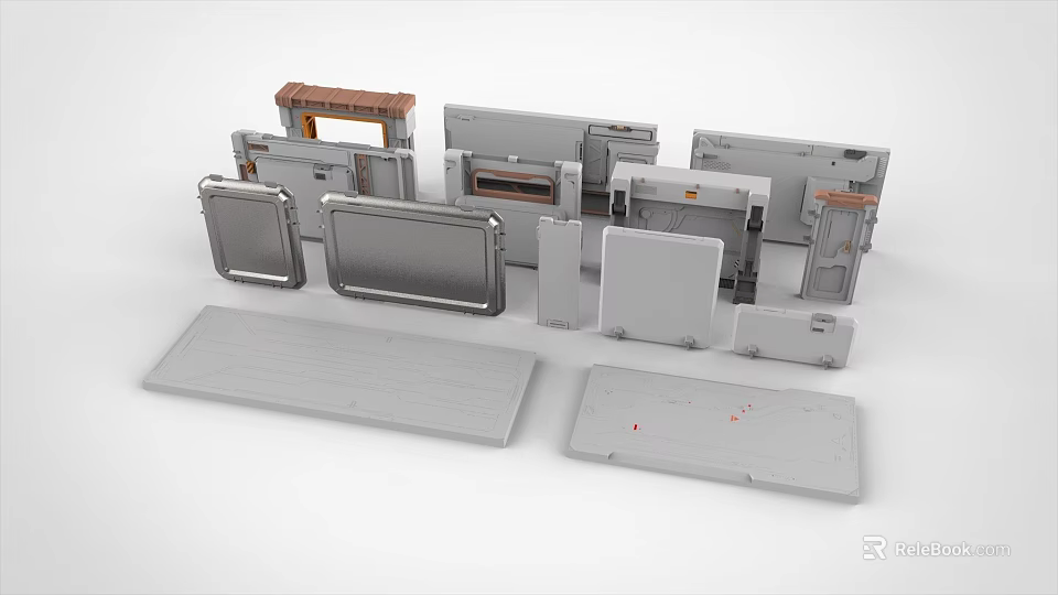 Gray Metal Components For Furniture Equipment With Various Shapes Sizes And Wooden Parts 3d model 