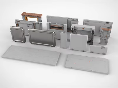 Gray Metal Components For Furniture Equipment With Various Shapes Sizes And Wooden Parts 3d model