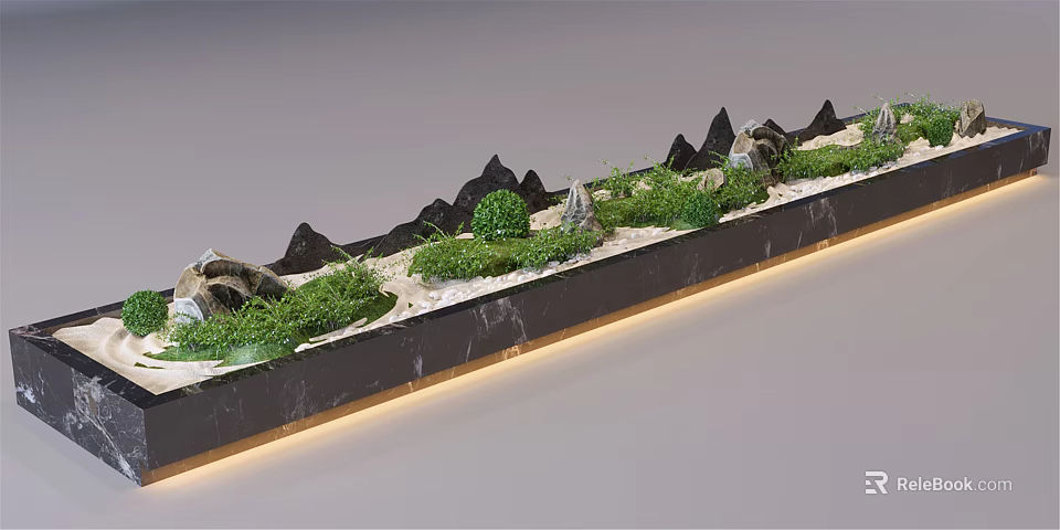 Miniature Garden Landscape With Rock Formations Green Plants And Mossy Pathway 3d model 